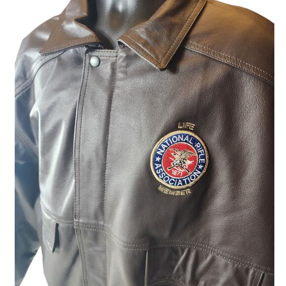 Burks Bay Leather Jacket Mens 2XL NRA Life Member Patch Logo \Bomber Vintage Y2K - Picture 1 of 16